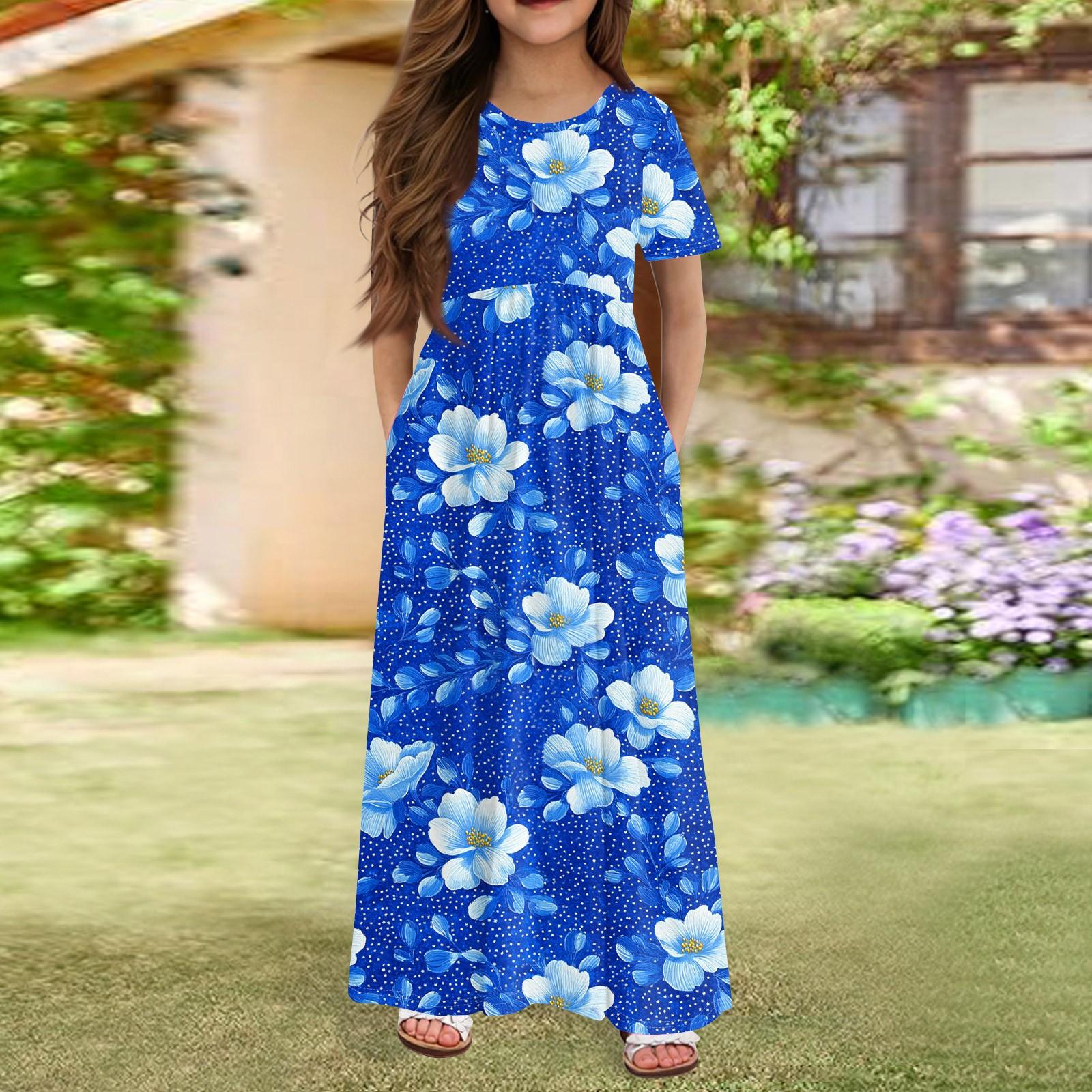 

Длинное летнее платье для девочек - платье макси с короткими рукавами и карманами для детей 4-14 лет 130 синий