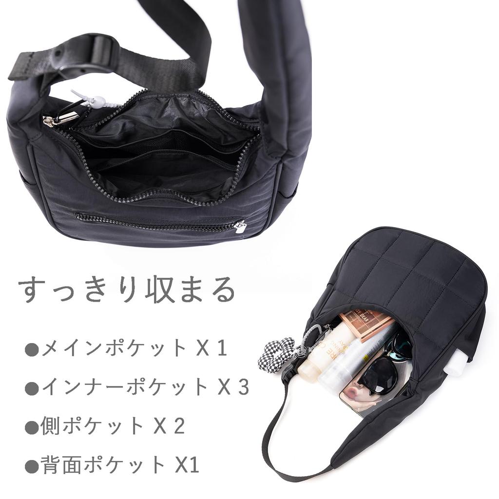Boshiho Women's Quilted Nylon Shoulder Bag, Ultra-Lightweight, Waterproof, Multi-Function Pockets, Mini Design with Cute Charm, Adjustable Shoulder