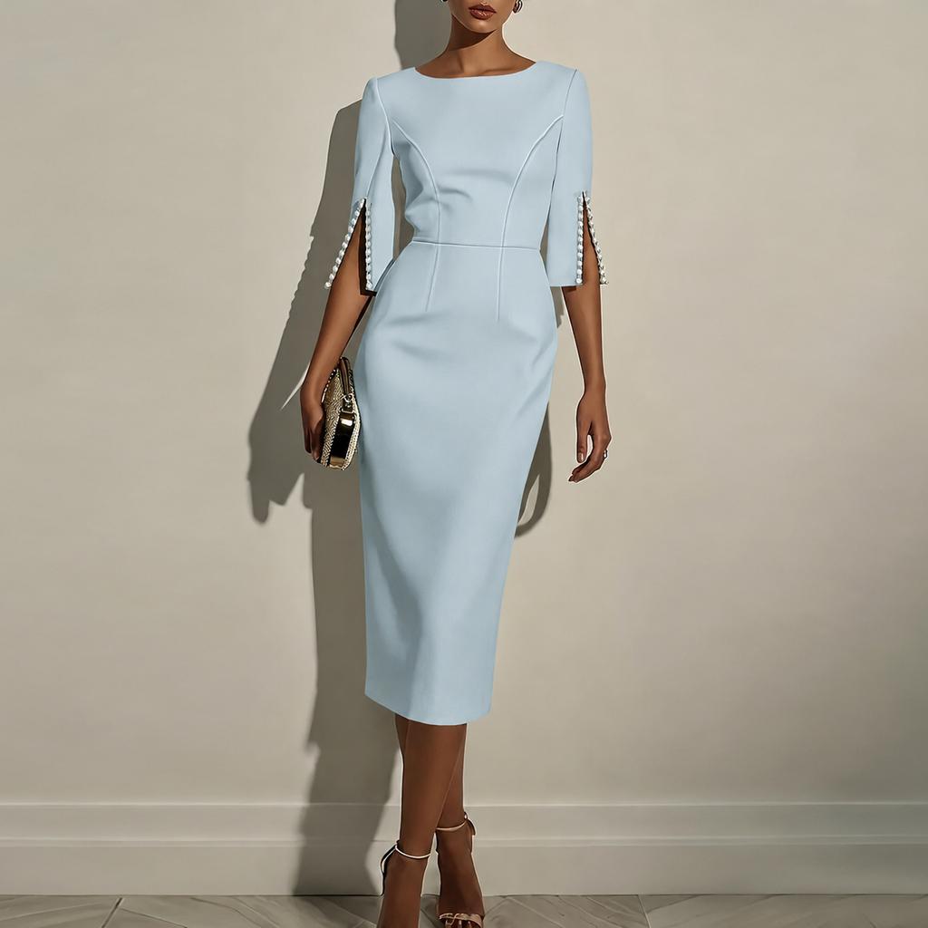 Women's Slim Fit Embellished Sleeve Midi Dress Elegant Formal Office Pencil Dress with Beaded Detail and Crew Neck Design for Special Occasions