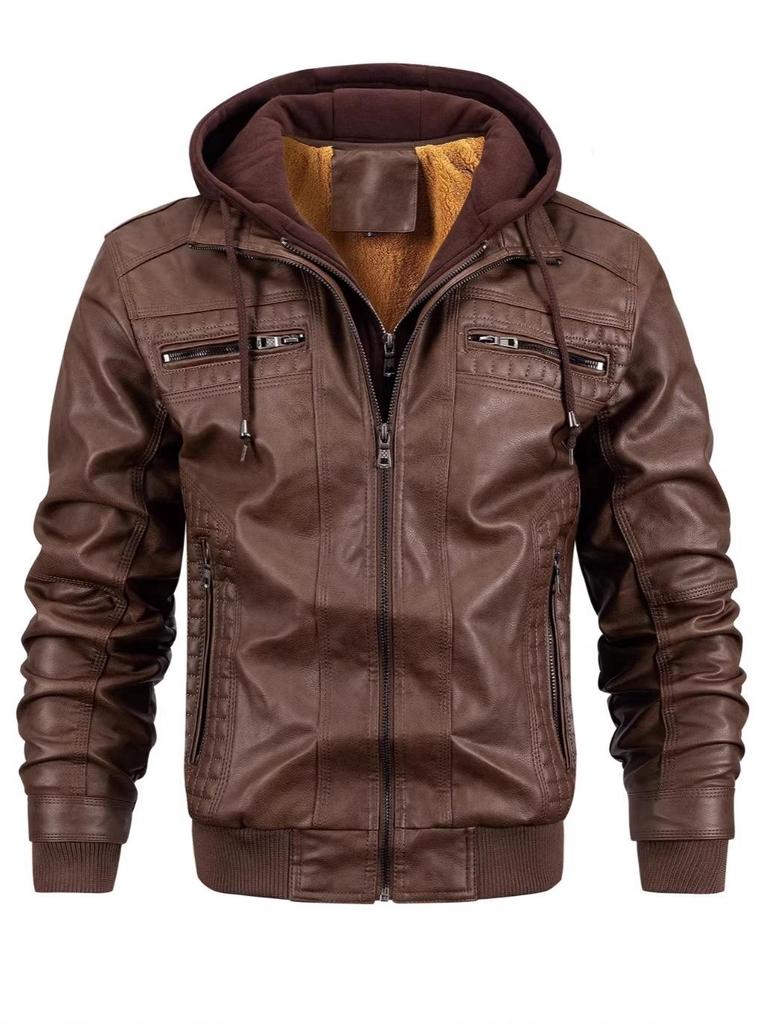 Men's PU Leather Hooded Jacket - European & American Style, Autumn/Winter Motorcycle Design