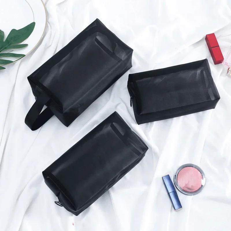 Borsa per trucco in rete nera Borsa per cosmetici trasparente da donna Borse portaoggetti portatili di piccole dimensioni da viaggio Custodia per asciugamani da viaggio