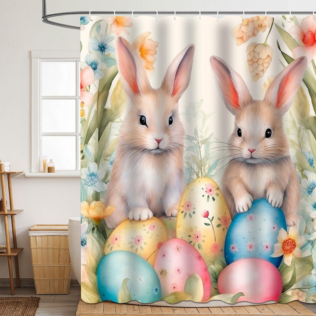 1Pcs Pink Easter Bunny Shower Curtain Lovely Bunny Eggs Waterproof Bath Curtain For Home Bathroom Decor 180X180Cm With Hooks