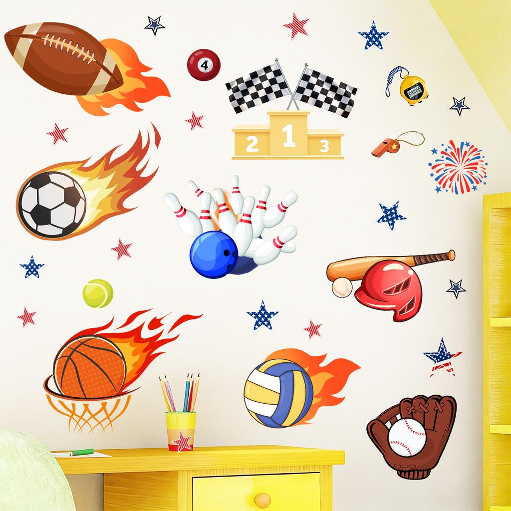 Self-adhesive Wall Stickers Creative Flames and Sports Balls for Kids Room Bedroom Living Room Study Bathroom Decor