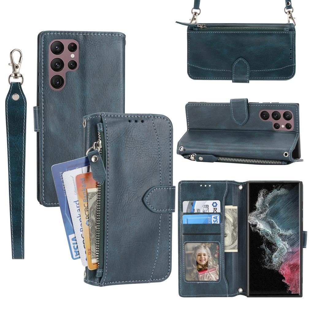 For Samsung Galaxy S25 Ultra Case Zipper Pocket Leather Phone Cover with Crossbody Shoulder Strap