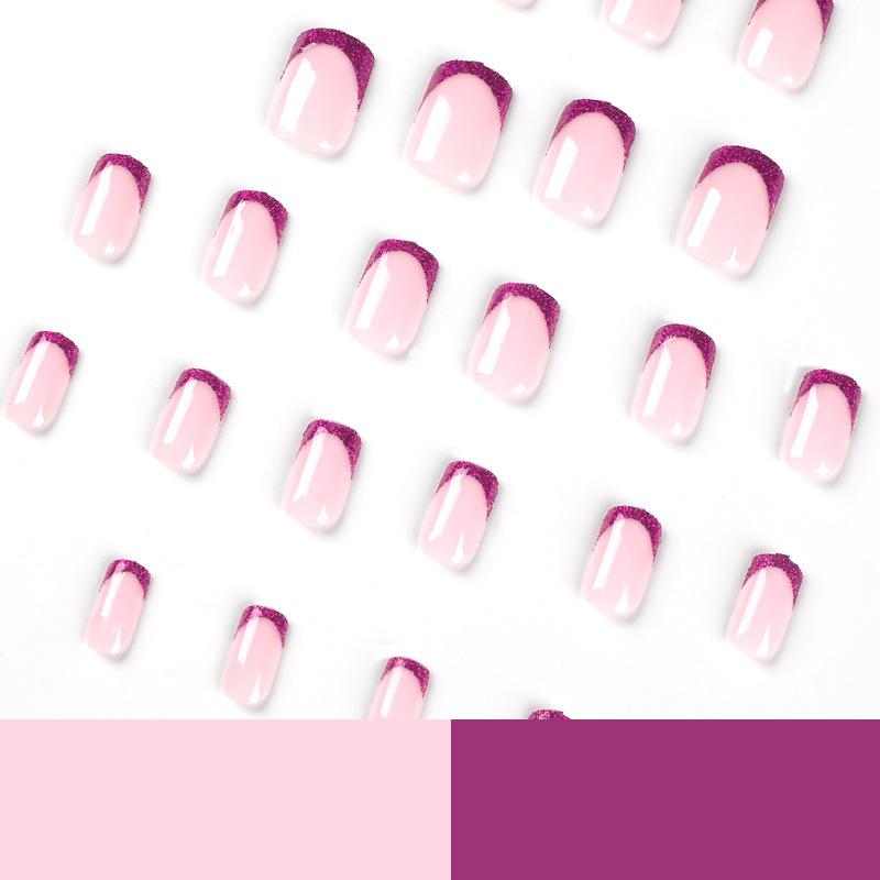 24Pcs/Set Quick Nails Glitter Purple French False Nials Sticker Wearable Waterproof Manicure Finished Nails