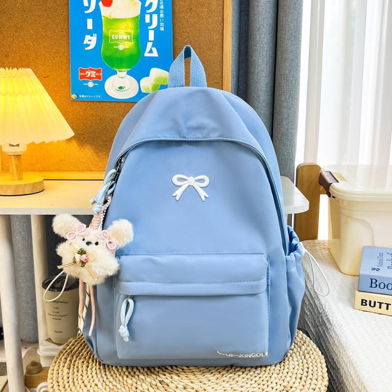 Schoolbag Japanese Ins Small Fresh Student Schoolbag Female Cute Embroidered Bow Backpack Solid Color Foreign Style Travel Backpack