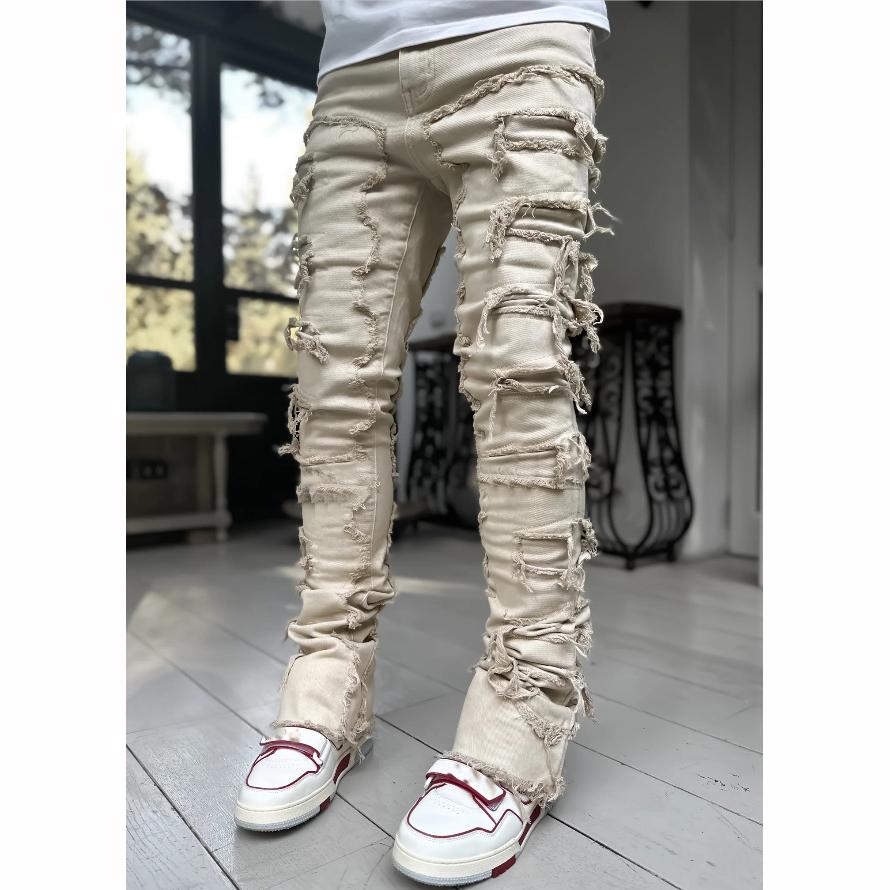 Men's Fashion Patch Jeans Slim Stretch Micro Lapped Straight Trousers