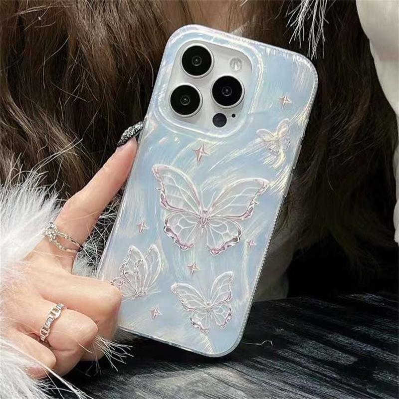 

Корейский чехол для телефона с лазерным рисунком ракушки и перьями бабочки для iPhone 15 13 Pro Max 14 Pro 12 11, роскошный блестящий чехол iPhone 15 Pro Max серебряный