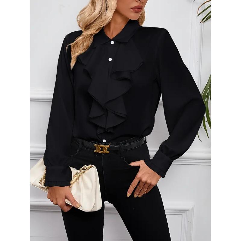 women's Solid Color Satin Lapel Collar Ruffle Layered Long Sleeve Cuff Detail Casual Blouse Shirt Top