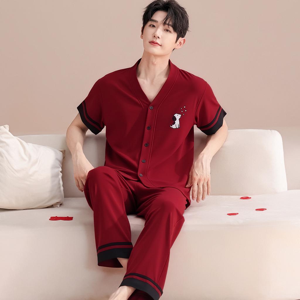 Happy button~ Summer pure cotton wedding couple pajamas red short-sleeved trousers newlywed men's and women's loungewear set