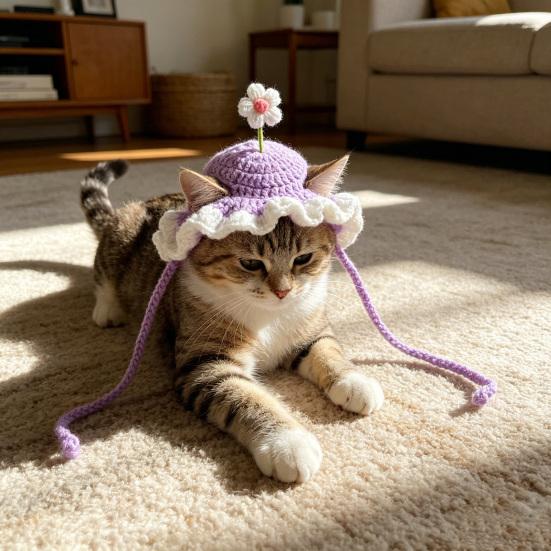Crochet Flower Cat Hat Handmade Scalloped Pet Hat with Flower Ear Holes Cute Flower Hat for Small Medium Dogs Cats Party Photo Props