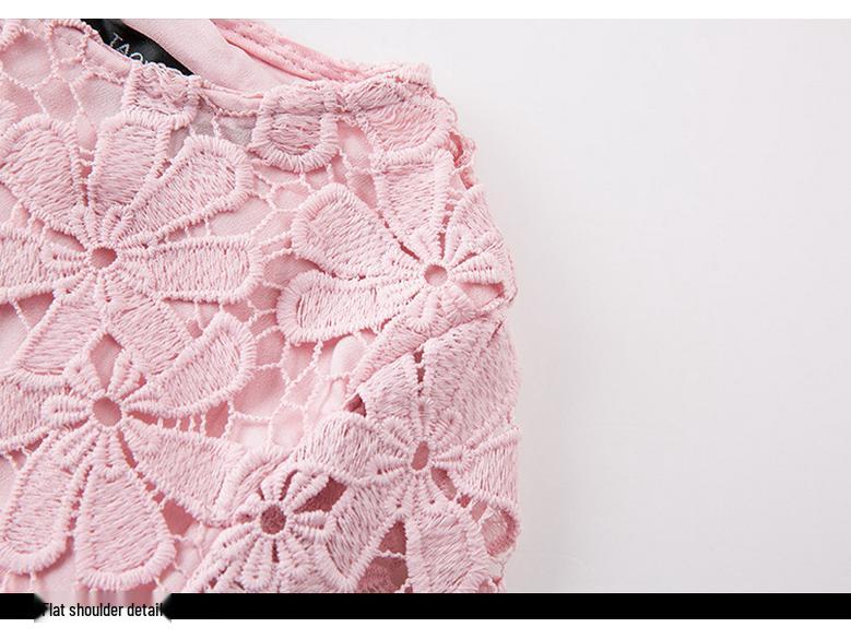 Rochie Roz Casual Mărimi Mari din Dantelă Solubilă în Apă pentru Persoane de Vârstă Mijlocie și Vârstnice