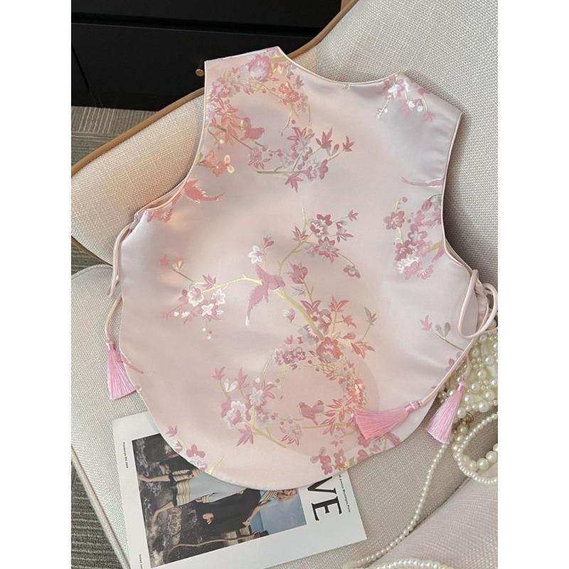 2025 new buckle jacquard embroidered fringed vest for women, pink round neck versatile vest for women