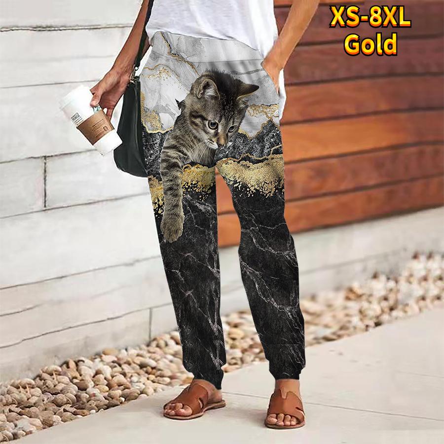 Women Cat Printing Pants Lace Up Elastic Waist Loose  Trousers Casual Long Pants Trousers with Pockets