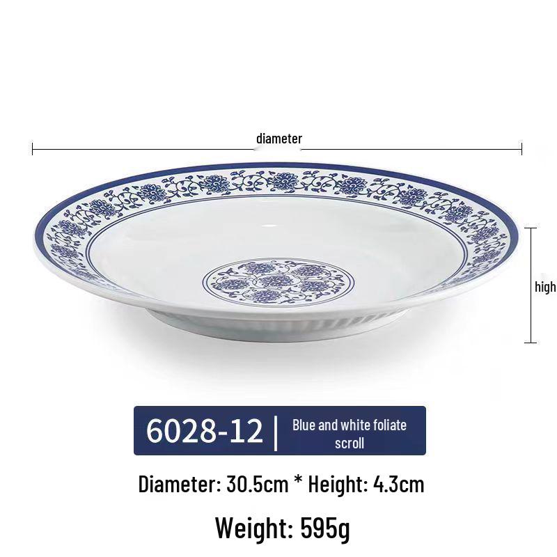 Modrobílý hluboký talíř z melaminu ve stylu porcelánu pro ryby, polévky a komerční použití