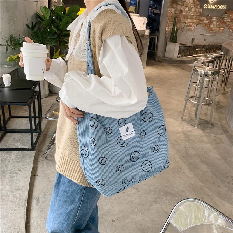 1 retro corduroy smiley face shoulder tote bag female student class canvas bag simple hand bag bag