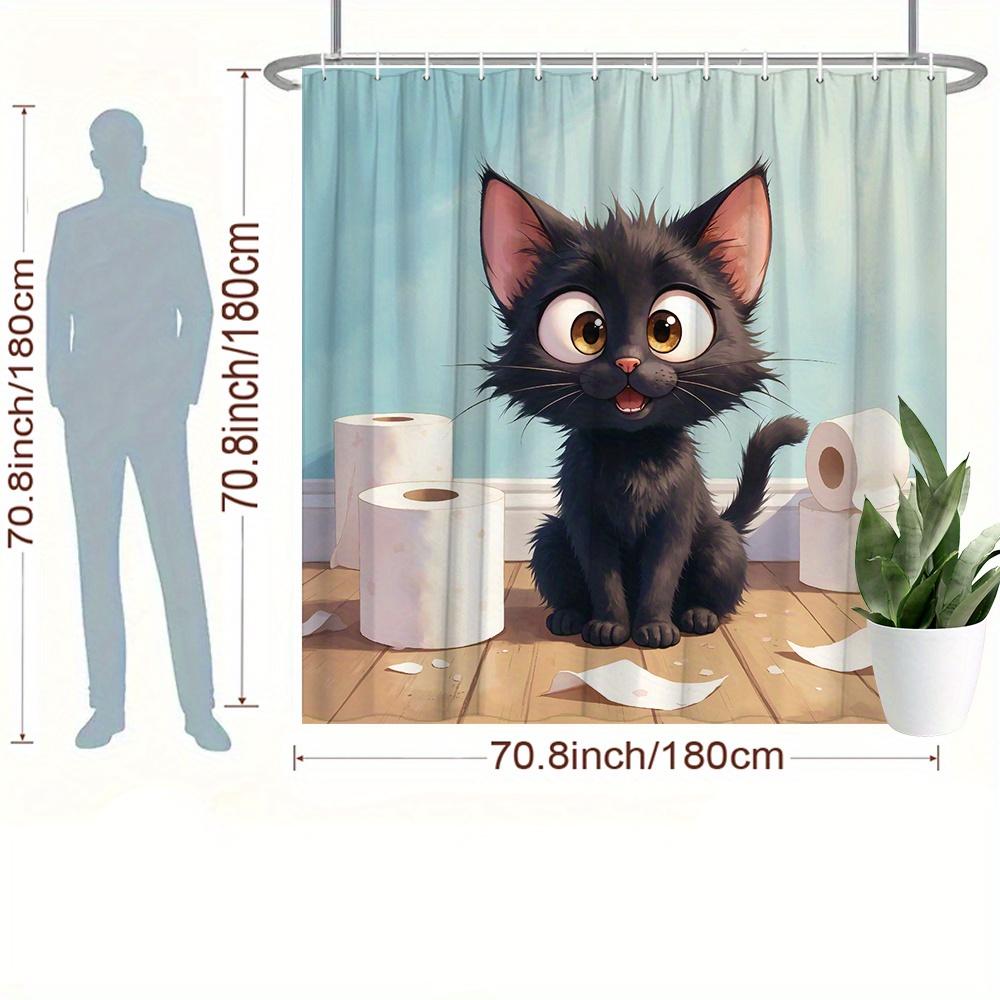 1 X Playful Black Cat Shower Curtain With Toilet Paper Roll - Fun Cartoon Design, Light Blue Bathroom Decor, Polyester Fabric