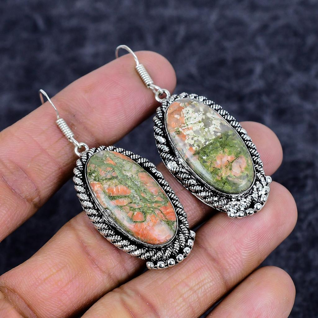 Unakite Gemstone Handmade 925 Sterling Silver Jewelry Earring 2.21" M-3539