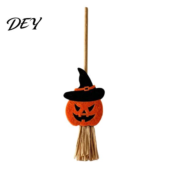 Bat Shape Party Ornament Halloween Mini Broomstick Ornament, Witch Pumpkin Ghost Decor with Natural Grass Miniature Holiday Set Broom, Festive
