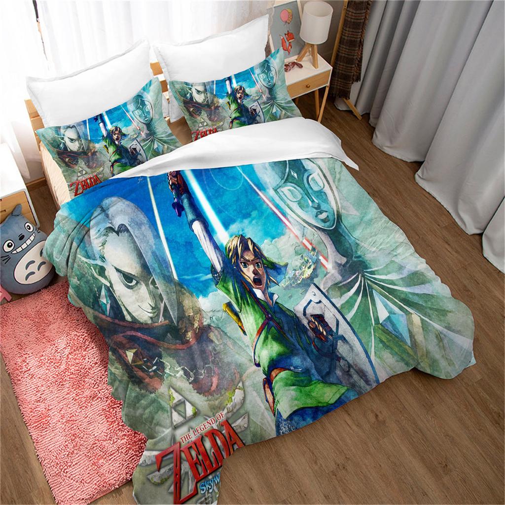 Legend of Zelda Santa Claus Christmas Tree Reindeer Anime Printed Bedding Set Duvet Cover Queen Cotton Cute Cartoon Quilt Cover