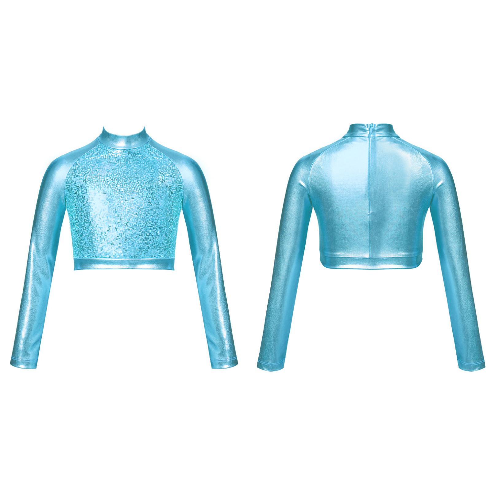 

Діти, дівчата, блискучі блискітки, балет, джаз, сучасний хіп-хоп, танцювальний укорочений топ, водолазка з довгим рукавом, танцювальний одяг 11-12 Years бірюзовий