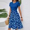 Women's Casual Fashion Belted Floral Print Short Sleeve Round Neck Elegant Dress