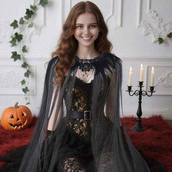 Women Black Feather Shrug Cape Shoulder Wrap Gothic Feathered Epaulet Cape Lace Collar with Tulle Veil Halloween Costume Accessory