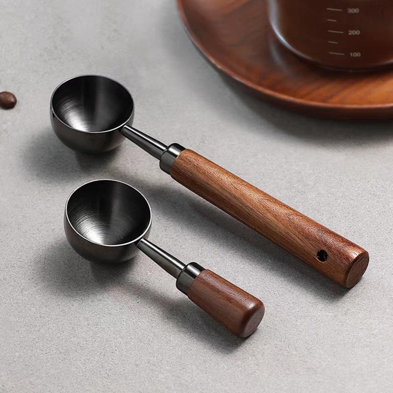 Cuillère à café en bois de noyer Manche long en acier inoxydable Cuillère à mesurer Cuillère à café Outil de cuisine Accessoires de café