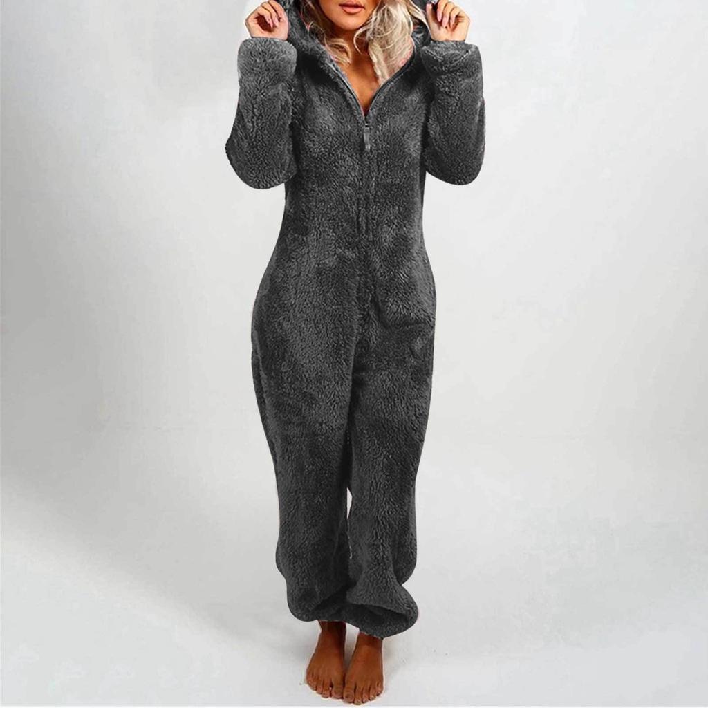 Dames Pluche Romper Herfst Winter Flanellen Pyjama Lange Mouw Rits Hoge Hals Muts Warmhouden Meisjeskleding Nachtkleding Loungewear