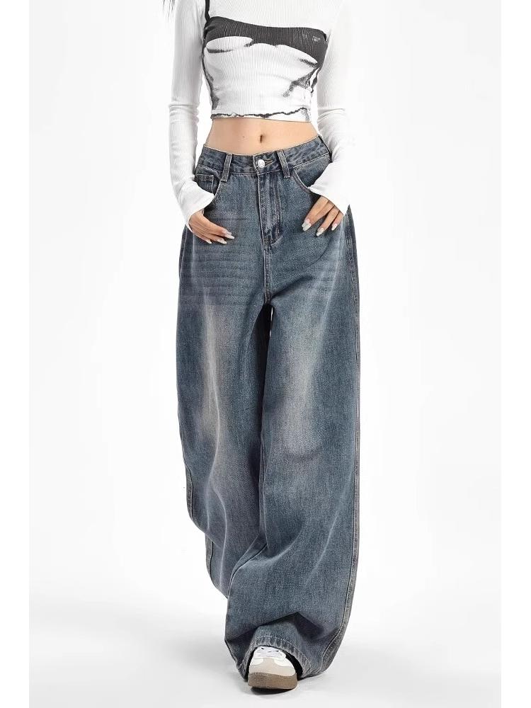 

Unisex American Retro High-Waist Wide-Leg Jeans: Spring & Autumn, Loose, Slimming, Drapey, Floor-Length Straight-Leg Style. 3XL синий