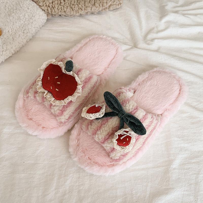 Thick-bottomed Cute Cherry Premium Fluffy Slippers for Women To Wear 2025 Autumn and Winter New Velvet One-word Fluffy Slippers for Women