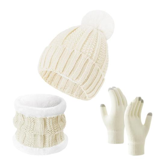 3Pcs/Set Winter Knitted Scarf Gloves Set Pom Pom Ball Fleece Lining Brimless Hat Touchscreen Gloves Neck Warmer Set