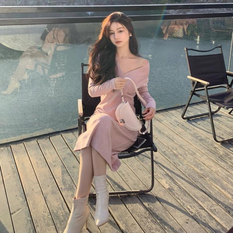 Pink V-neck Knitted Dress Women's Spring, Autumn, Autumn and Winter Slim-fit Hip-wrapped Skirt with Bottom Sweater Inside Long Skirt