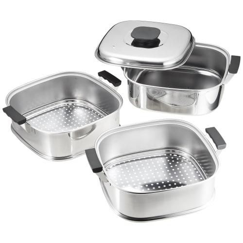Mikojima Seisakusho Momo-in Square Steamer, 29cm, 3 Tiers, 18-0 Stainless Steel, Japan, AMS69293