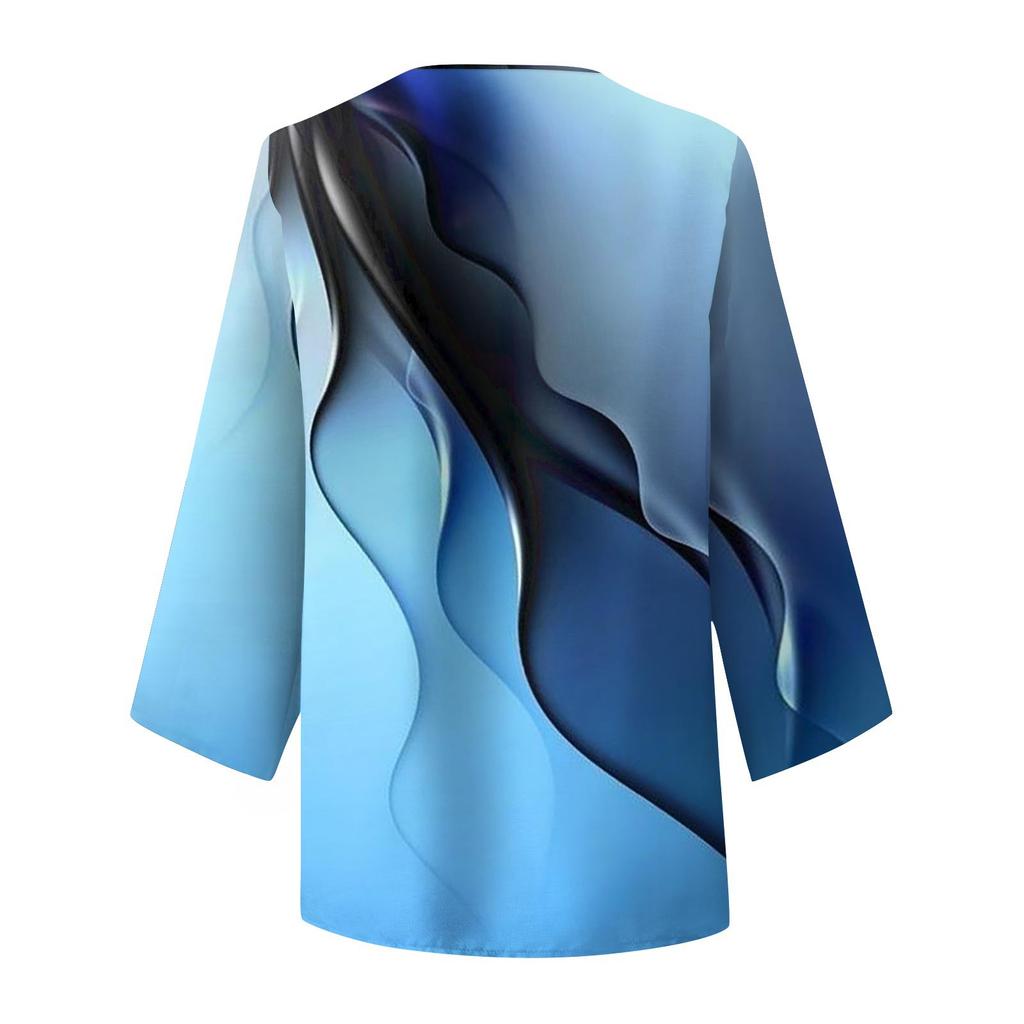 Women's Fashion Retro Print Gradual Colored Round Neck 9/4 Sleeve Irregular Hem T-shirt Top