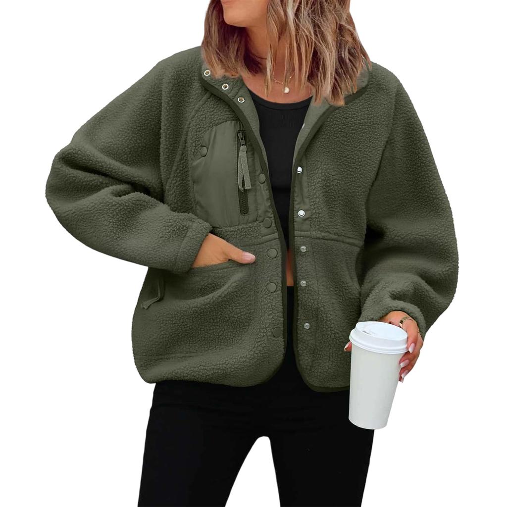 Women's Fashion Casual Stacked Lapel Single Button Fleece Sports Sweatshirt Jacket Outerwear