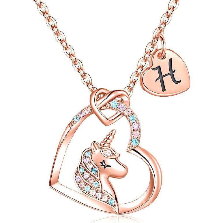 Hidepoo Unicorn Necklace Gifts for Girls - Colorful CZ Heart Pendant Initial Unicorns Necklaces Birthday Gift for Girl Daughter Granddaughter Niece