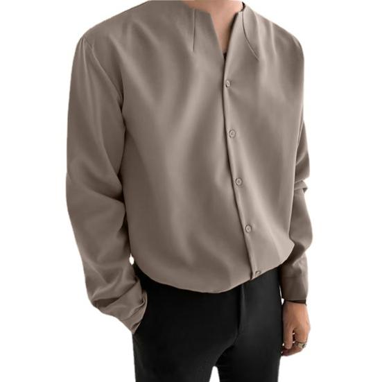 

Однобортная мужская рубашка без воротника с v-образным вырезом и длинным рукавом, свободная однотонная повседневная рубашка, топ M коричневый