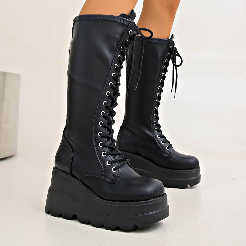 Schnür-Plateau-Overknee-Stiefel Herbst Runde Zehe Rutschfest Hoher Absatz Hohe Radstiefel