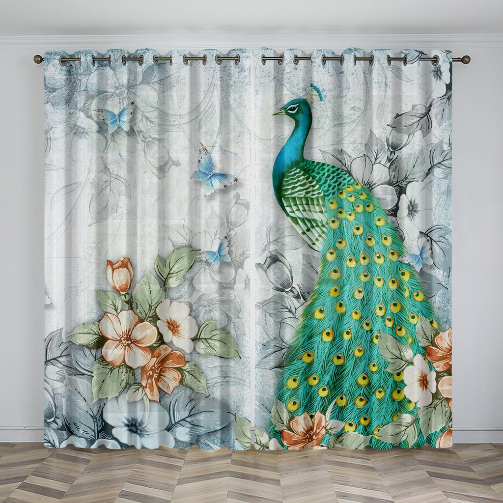 Peacock Blue Feather Animal-themed Blackout Curtains, a Set of Two Panels, Suitable for Decorating Living Rooms, Bedrooms, Studi