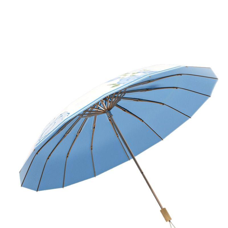 New Three-fold 16-bone Color Glue Digital Weather and Rain Dual-purpose Advanced Sense Sun Protection and UV Protection Umbrella