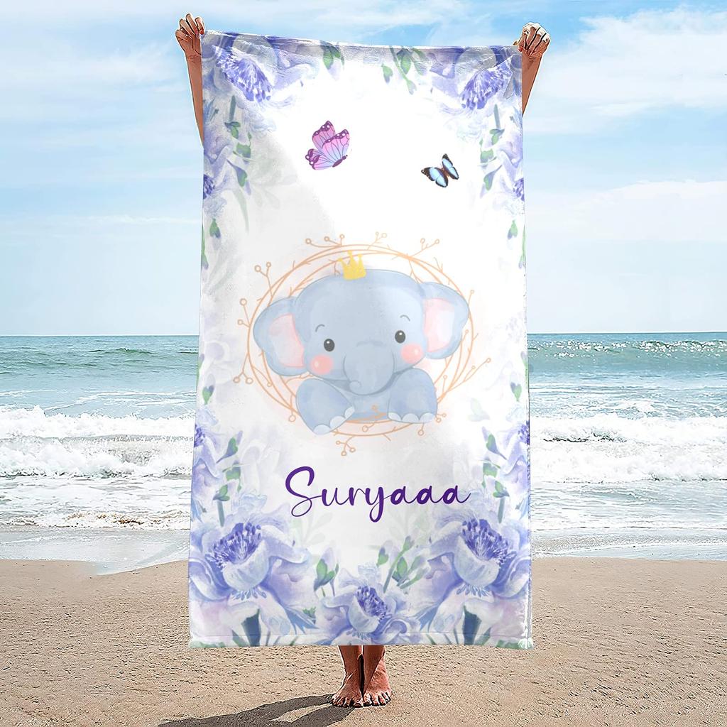 Custom Name Beach Towel for Kids Girls Boy Teen Personalized Cute Cartoon Elephant Bath Towel for Travel Beach Pool Gym Yoga Mat