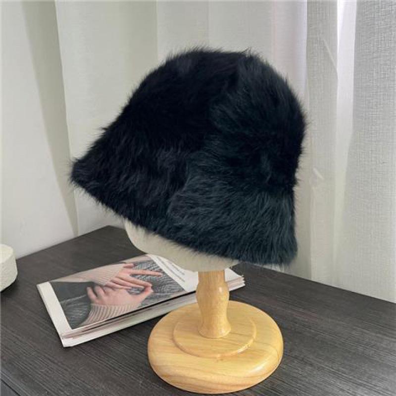 Rabbit hair fisherman hat women's versatile warm water bucket hat autumn and winter show face small basin hat