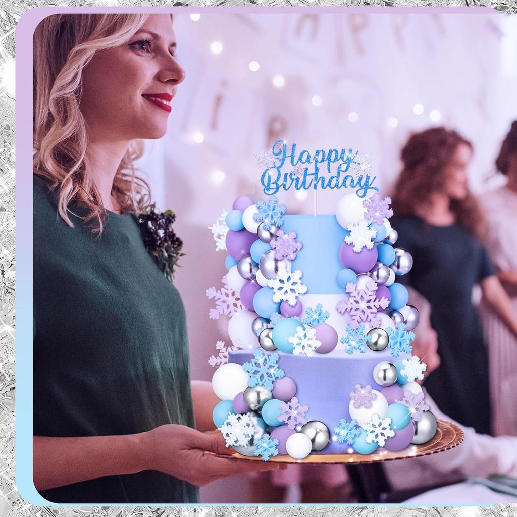 Snowflake Cake Toppers Happy Birthday Cake Topper Set Multicolor Balls Cake Decorations for Christmas New Year Winter Party