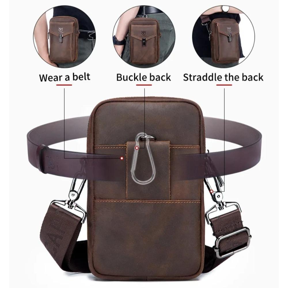 BULLCAPTAIN Men's Genuine Leather Crossbody Phone Bag Vintage Cowhide Mini Shoulder Bag Casual Travel Sling Pouch Waist bag