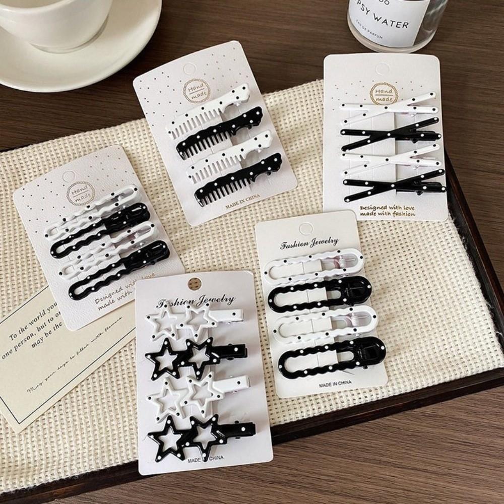 4pcs/set Geometric Hairpins Barrettes Black White Color Polka Dot Hair Clips  For Women