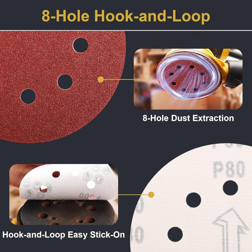 50Pcs 5 Inch 8Holes Sandpaper 125mm Round Hole Hook Loop Sanding Discs 40-2000 Grit for Random Orbital Sander Polishing Tool