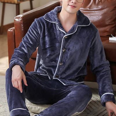 2 Pcs/Set Men Winter Pajamas Set Lapel Thick Buttons Single-breasted Loose Elastic Waist Warm Soft Pockets Solid Color Men Homewear Top Pants Set