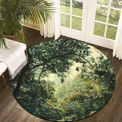 Round Forest Light and Shadow Print Rug Non-slip Floor Mat for Living Room Bedroom Meditation Space Home Decoration