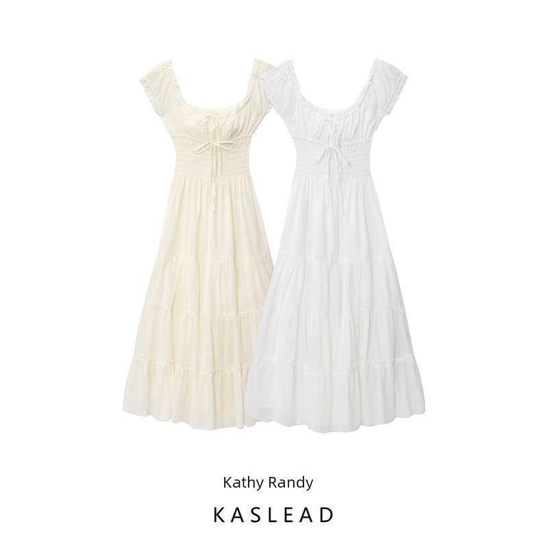 Kaslead New Women clothes Western Style Simple Temperament French style Double Layer Pure Cotton Waist Hugging Square Collar Long dress